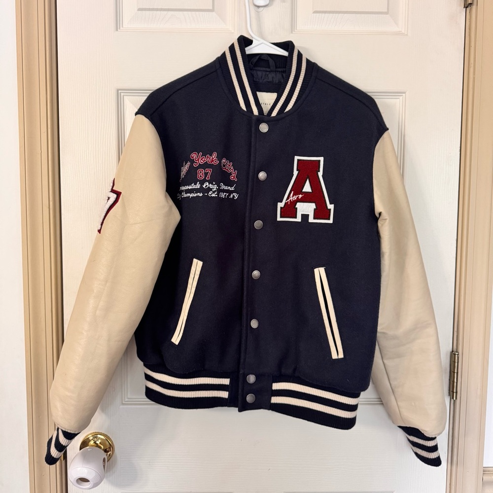 Aeropostale Letterman Varsity Bomber Jacket Mens Size XS Blue and Beige